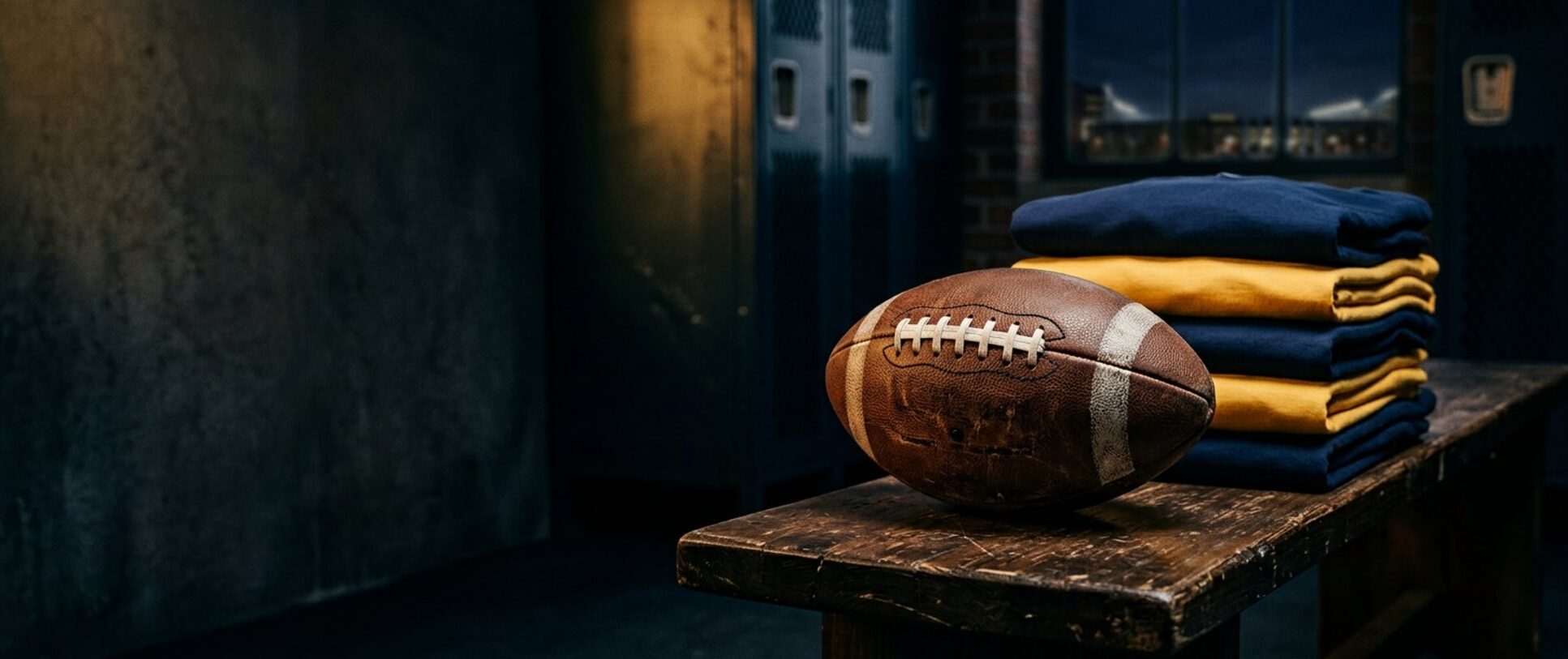 Vintage football on a locker-room bench beside folded navy and maize shirts