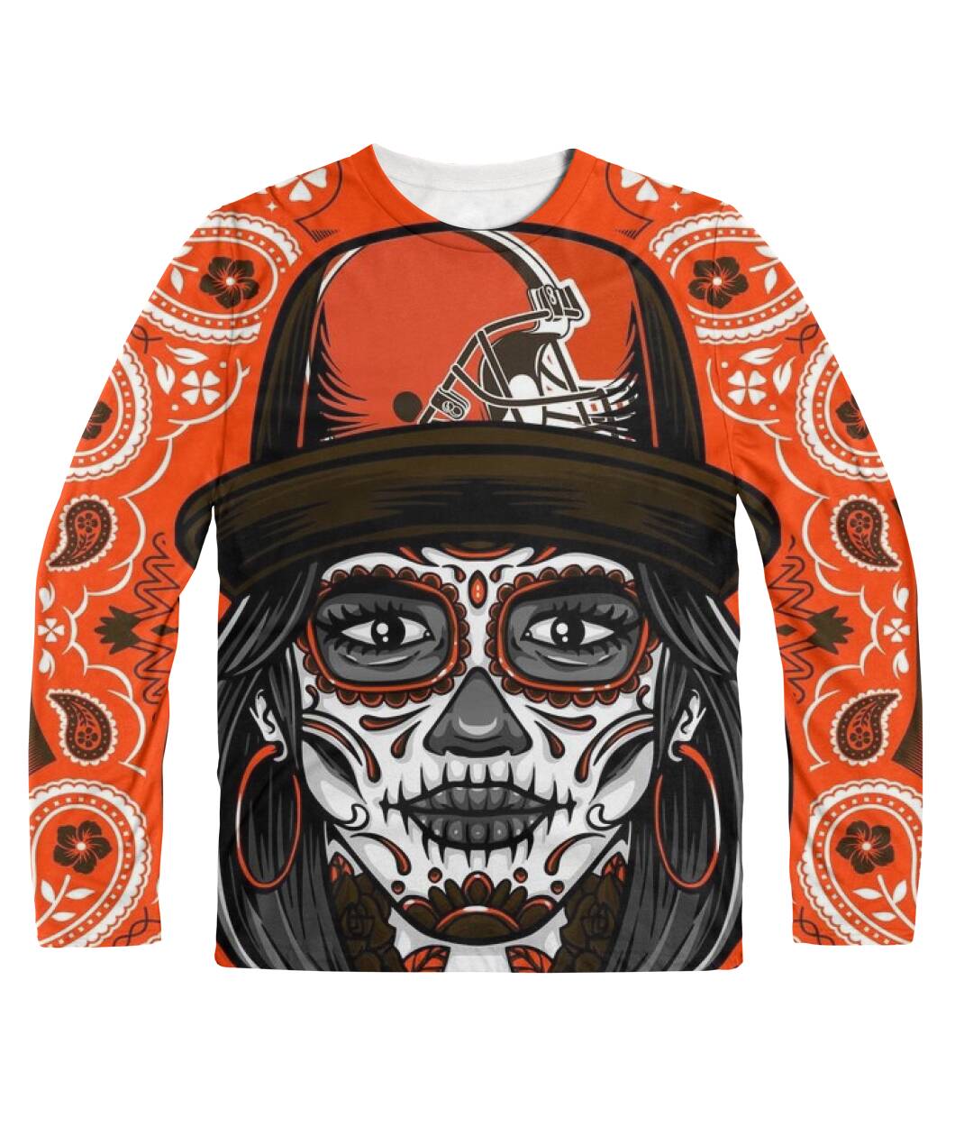 Cleveland Sugar Skull Halloween All-Over Long Sleeve - Sugar skull woman in a Cleveland helmet on orange bandana print