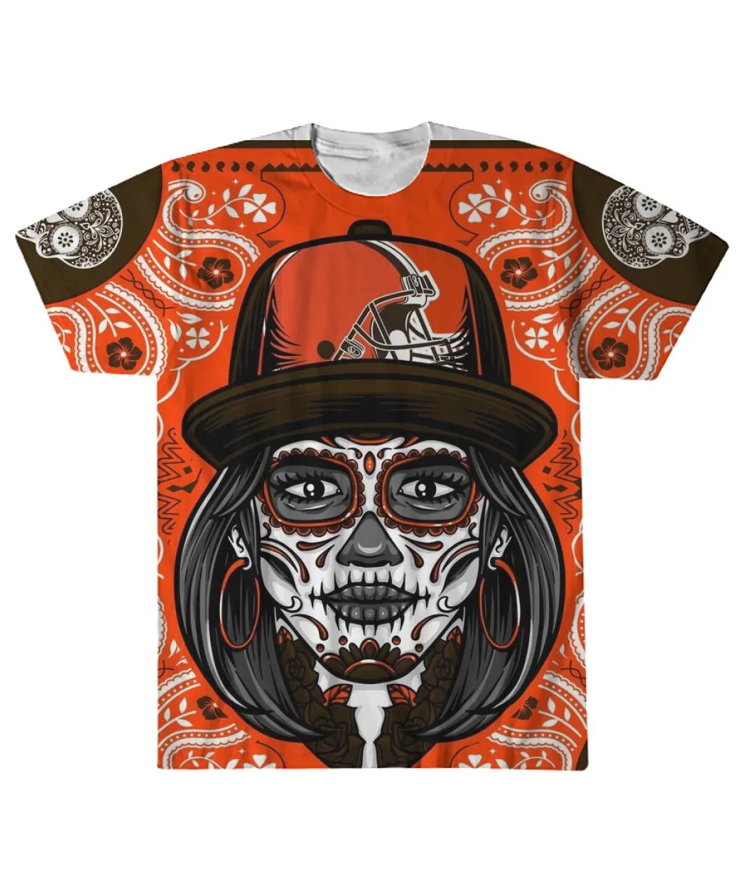Cleveland Sugar Skull Halloween All-Over Shirt - Sugar skull woman in a Cleveland helmet on orange bandana print