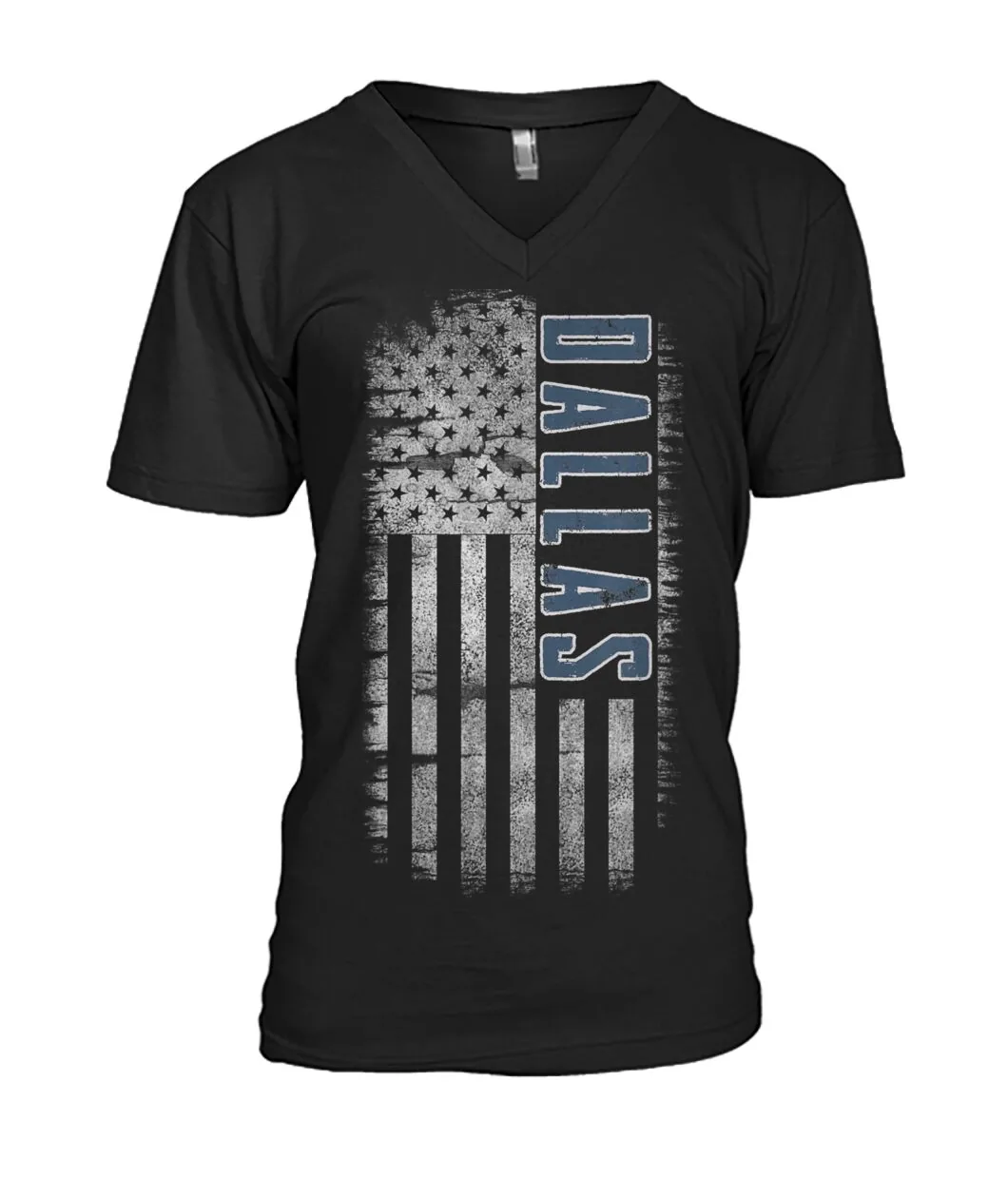 Fan-made Dallas t-shirt with DALLAS on a distressed vertical American flag graphic, view 3