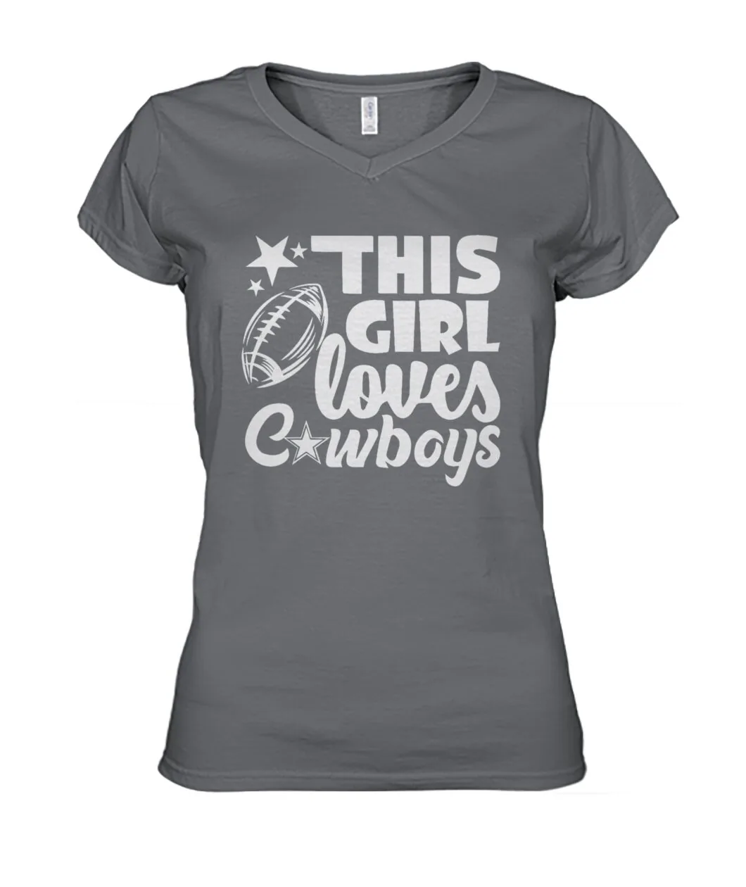 Fan-made Dallas t-shirt with THIS GIRL LOVES COWBOYS with football and stars graphic, view 3