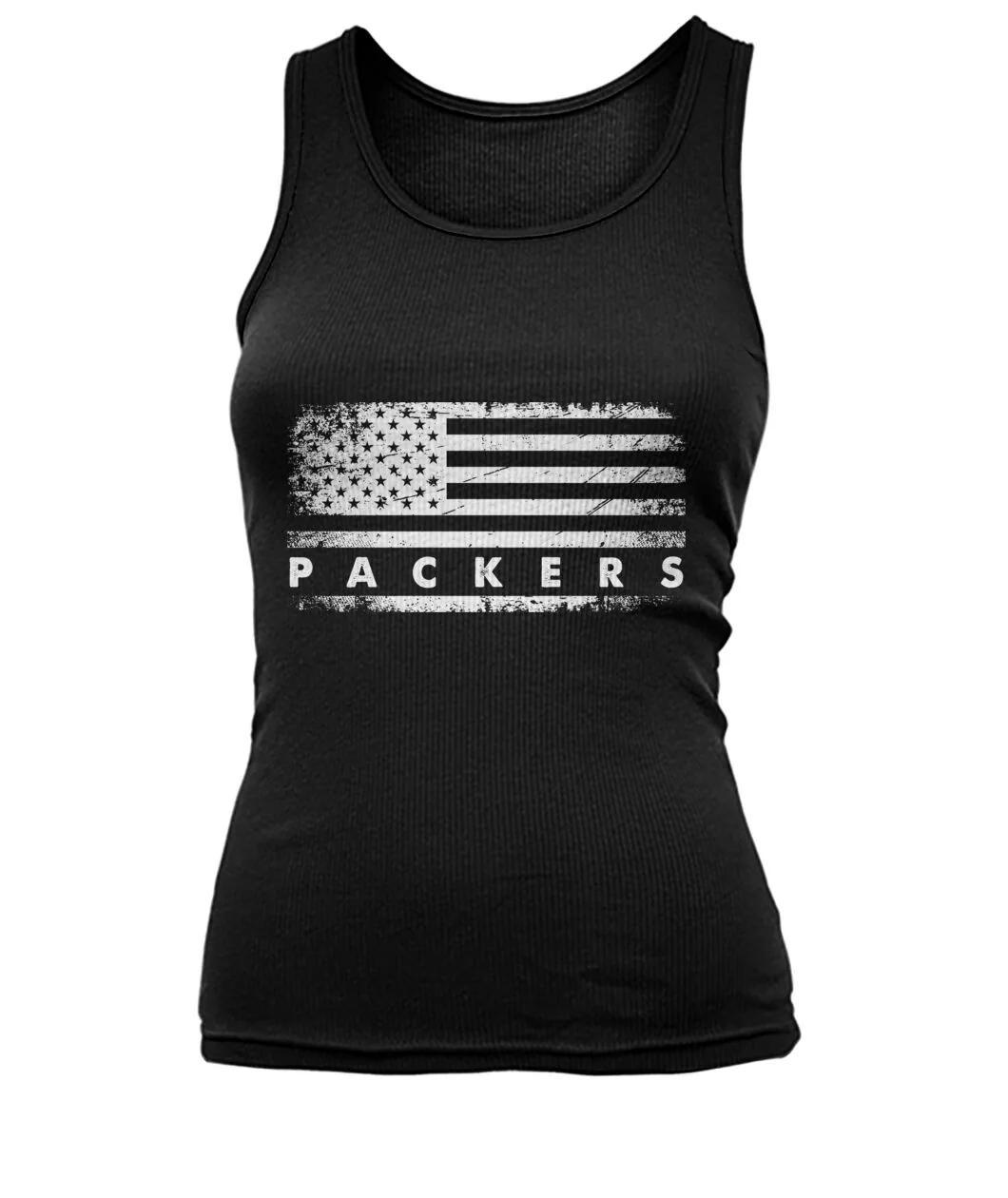 Fan-made Packers t-shirt with PACKERS on a distressed American flag graphic, view 3