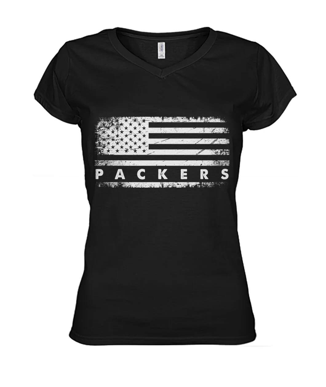 Fan-made Packers t-shirt with PACKERS on a distressed American flag graphic, view 4
