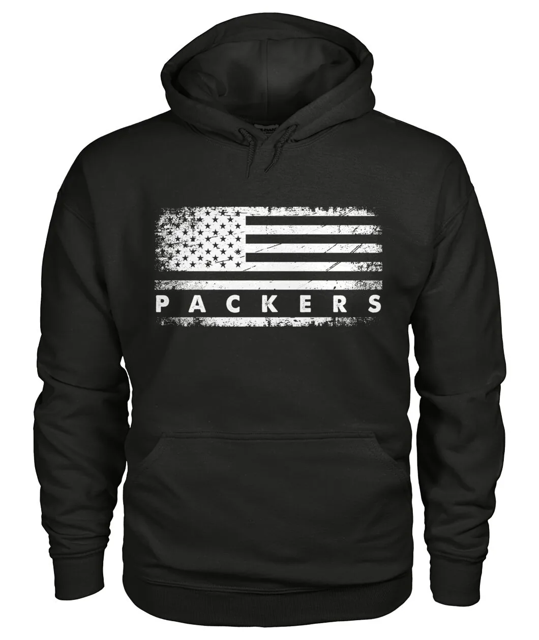 Fan-made Packers t-shirt with PACKERS on a distressed American flag graphic, view 5