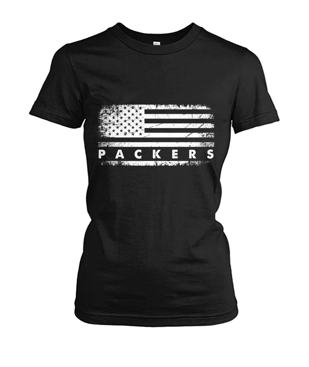Fan-made Packers t-shirt with PACKERS on a distressed American flag graphic, view 7