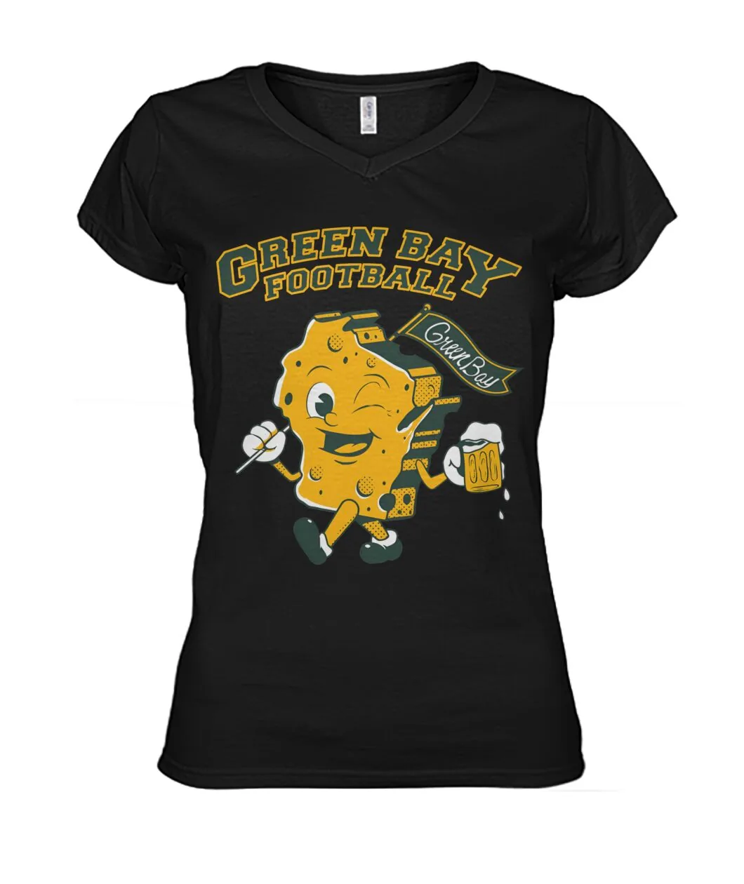 Fan-made Packers t-shirt with GREEN BAY FOOTBALL with cheese mascot holding a beer graphic, view 3