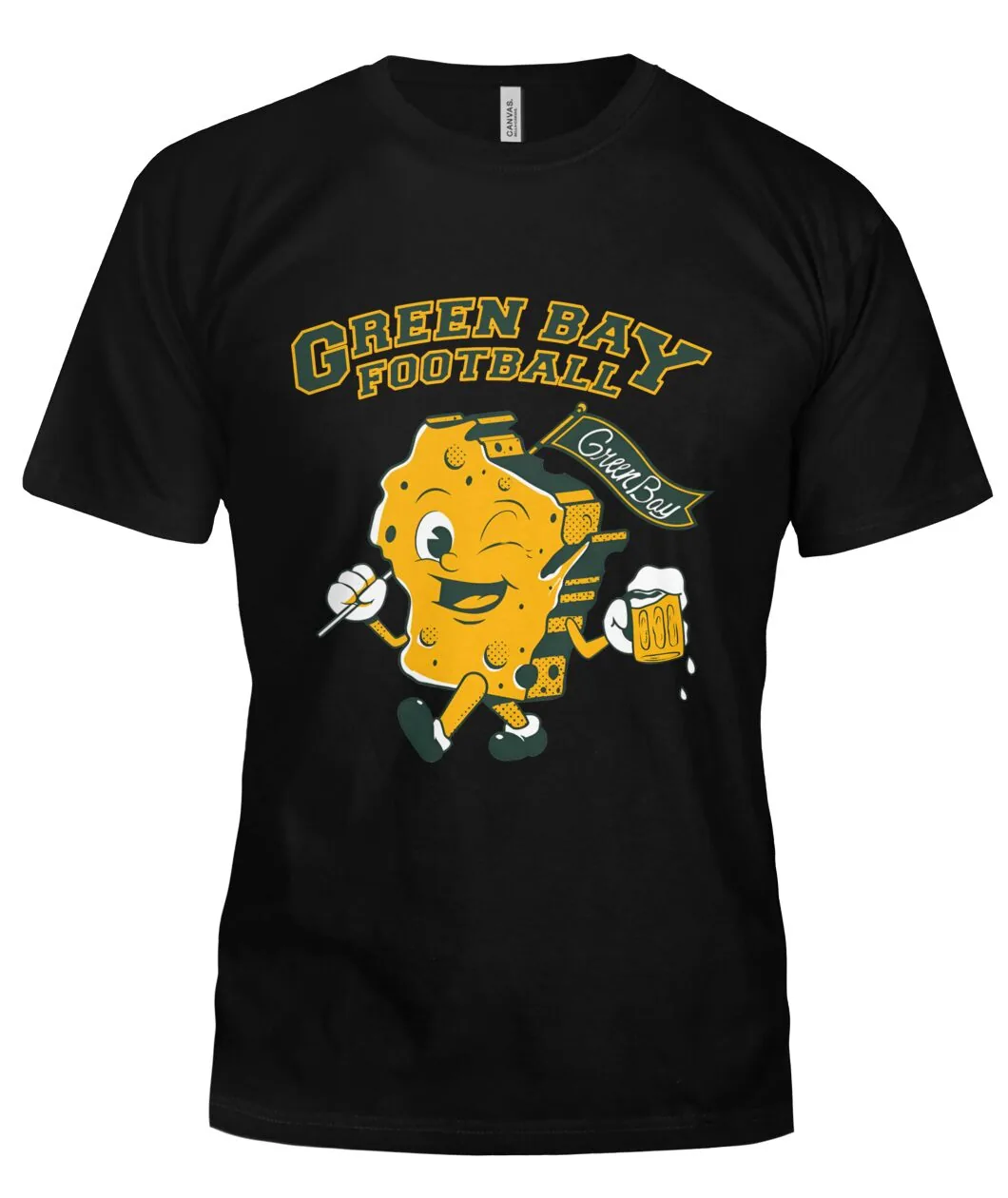 Fan-made Packers t-shirt with GREEN BAY FOOTBALL with cheese mascot holding a beer graphic, view 5