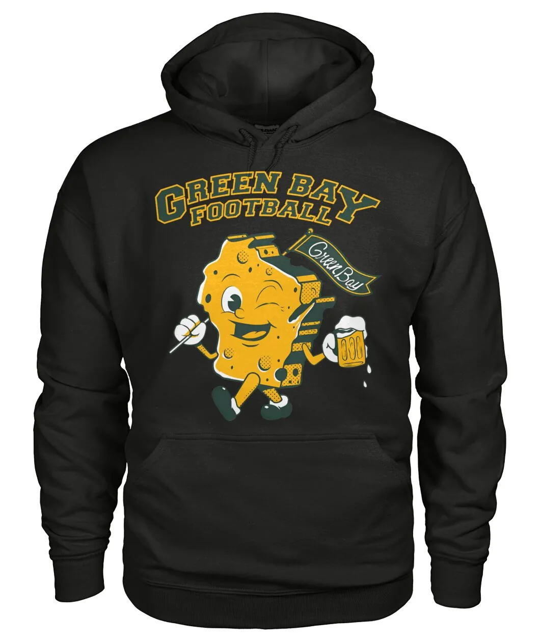 Fan-made Packers t-shirt with GREEN BAY FOOTBALL with cheese mascot holding a beer graphic, view 7