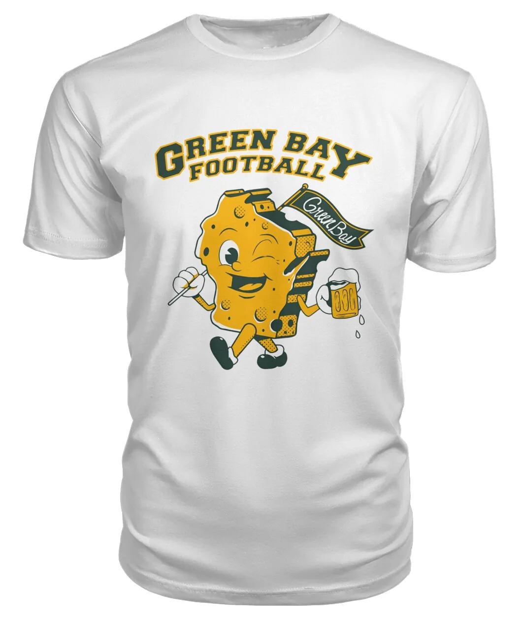Green Bay Football Cheese And Beer Shirt - GREEN BAY FOOTBALL with cheese mascot holding a beer